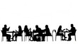 © shahbaztan - Silhouette of people sitting at tables in an outdoor cafe setting with drinks and mobile phones shown created with generated ai