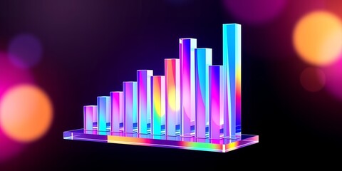 Poster - Iridescent bar graph with increasing columns against a dark background with bokeh lights