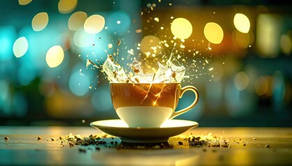 Poster - Broken Teacup Reassembles in Midair with Gentle Glowing Threads