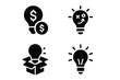 © Tanya - Finance Innovation Icons. Solid style icons of finance ideas: lightbulb with coin, idea sketch, innovation box, concept spark.