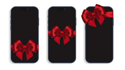 Poster - Gift Smartphone with Red Ribbon and Bow – Black Mobile Phone Isolated on White Background | Vector Illustration