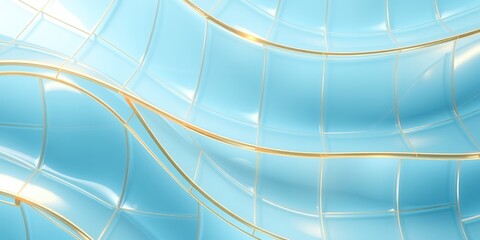 Poster - Abstract wavy light blue surface with gold lines creating a grid like pattern design element