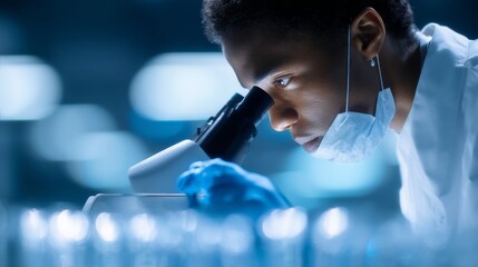 Aufkleber - A focused scientist inspects samples under a microscope in a modern lab. The atmosphere is innovative and professional. This image embodies research and exploration. AI