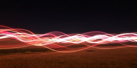 Poster - Abstract light painting with wavy streaks of pink and white over a dark brown field at night