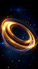 Wall Mural - Glowing golden light trails forming three rings against a backdrop of twinkling celestial bodies and nebulous blue gradients creating a cosmic effect
