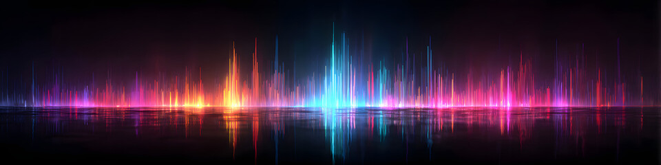 Poster - 3d render, abstract panoramic background, neon light, laser show, impulse, equalizer chart, ultraviolet spectrum, pulse power lines, quantum energy impulse, pink blue violet glowing dynamic lines