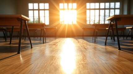 Poster - A serene classroom bathed in sunlight, showcasing empty desks and inviting a sense of peace and reflective learning in an educational environment.
