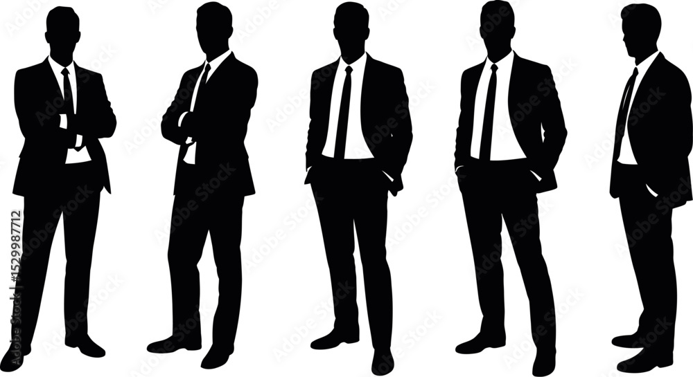 Five businessman silhouettes standing in suits and ties on white ...
