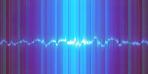 Poster - Abstract image featuring vertical lines in shades of blue and purple with a central bright wave form