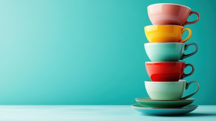 Poster - A visually appealing stack of colorful cups showcases artistry and design, creating a harmonious blend of playful colors and clean lines perfect for a modern kitchen aesthetic.