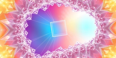 Poster - Kaleidoscopic view of a translucent cube surrounded by ornate floral patterns and vibrant colors