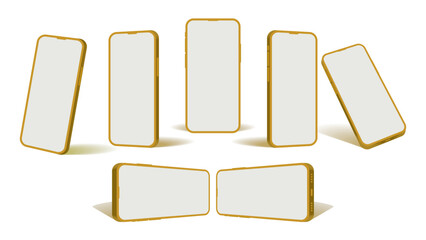 Poster - 3D Gold Smartphone Mockup – Front, Side, and Perspective Angle Views of Golden Mobile Phone with White Screen | Vector Illustration