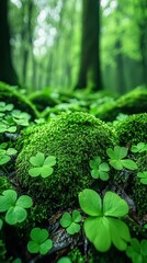 Wall Mural - Verdant moss, clovers in forest. Close-up, lush, green