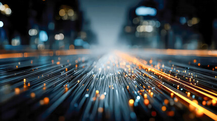 Poster - Glowing data pathways with orange and white light particles forming a futuristic digital flow