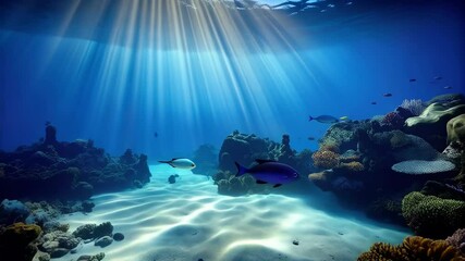 Poster - Sunlight pierces the ocean depths, illuminating coral reefs and schools of fish gracefully swimming through clear, azure waters.