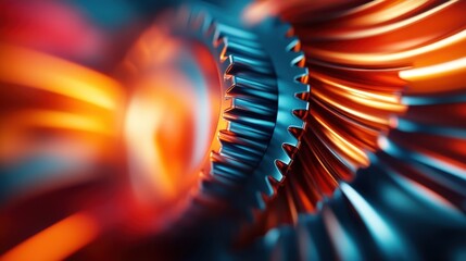 Poster - An intricate close-up of metallic gears in vivid colors, showcasing the mechanics of movement and engineering, highlighting the beauty of precision and design in machinery.