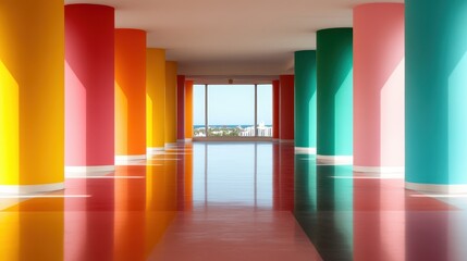 Poster - This image showcases a hallway with vibrant colored columns in orange, pink, and turquoise, creating a striking visual impact and inviting atmosphere for any modern space.