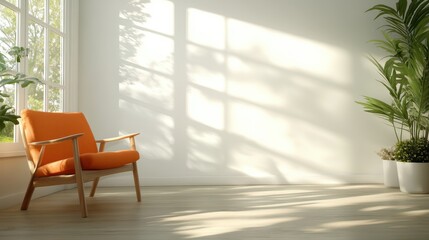 Poster - This image features a serene and inviting living room with a bright orange chair, showcasing beautiful sunlight streaming through large windows and casting lovely shadows.