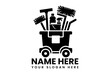 © Popvectordesign - Comprehensive black vector logo of a janitorial cleaning cart filled with various supplies and tools. Cleaning service concept