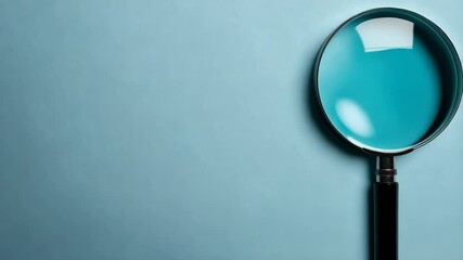 Poster - Magnifying glass resting on light blue background for research or investigation concept. Close up of single tool on flat lay surface.