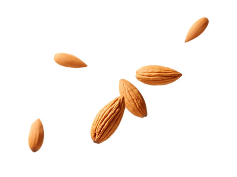 Floating almonds scattered, white background, warm lighting,natural,nuts,isolated