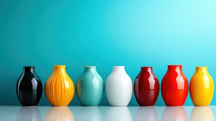 Poster - A collection of artistic and colorful vases lined up against a bright background, showcasing form, color, and design in a captivating and contemporary artistic arrangement.