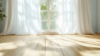 Poster - A serene scene of soft sunlight streaming through sheer curtains by a large window, casting gentle shadows on the polished wooden floor, creating a calming atmosphere.