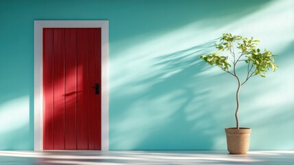 Poster - A serene and minimalist interior scene features a red door and a small plant, symbolizing welcoming harmony and tranquility in home design and modern living spaces.