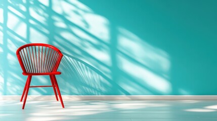 Poster - A striking red chair stands out against a vibrant turquoise wall, creating a stylish and eye-catching focal point in a modern interior space with intriguing shadows.