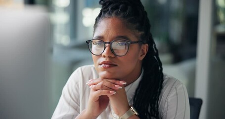 Aufkleber - Business, woman and thinking with computer in office for planning, financial report and decision. African female person, reflection and ideas with pc, schedule update and problem solving for budget