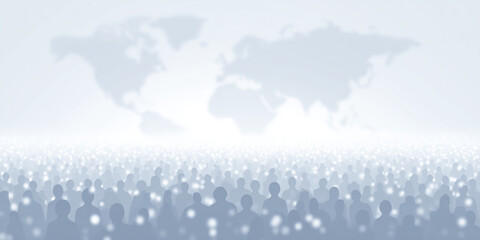 Poster - Silhouetted crowd of diverse individuals standing together in a vast space, with a soft-focus world map in the background, symbolizing unity and global connection