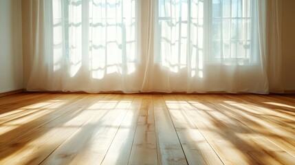 Poster - A serene and calming room filled with soft sunlight streaming through white sheer curtains, highlighting the wooden floor and creating gentle shadows.