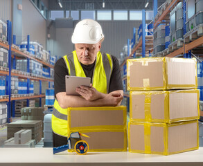 Poster - Warehouse worker in safety vest and helmet checks inventory on tablet near stacked cardboard boxes, shelves full of goods in background — Warehouse, logistics, shipping.