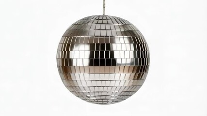 Poster - Hanging silver disco ball with small square mirrors reflecting light on a clean white background for party atmosphere.