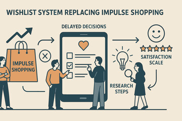 Poster - Smart Shopping System. Vector illustration of wishlist system replacing impulse shopping: delayed decisions, research steps, and