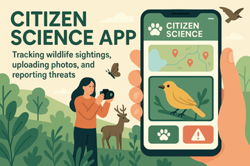 Poster - Wildlife Tracking App. Vector illustration of citizen science app for tracking wildlife sightings, uploading photos, and reporting
