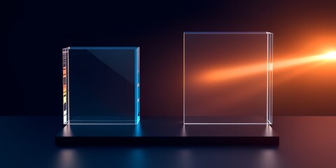 Poster - Two transparent cubes on a black platform with a light shining from the right side of the image
