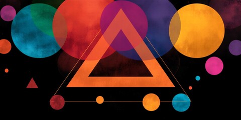 Poster - Abstract design featuring a large orange triangle and colorful overlapping circles on black