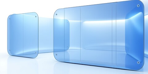 Poster - Geometric arrangement of blue glass panels with rounded edges on a white reflective surface