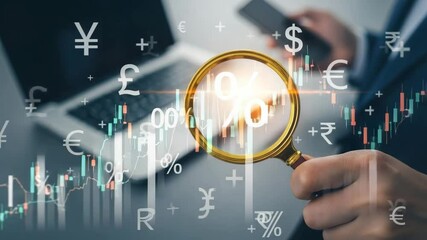 Aufkleber - Person holding magnifying glass over percentage sign with laptop and currency symbols around it