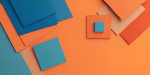 Poster - Geometric arrangement of blue and orange squares on a flat orange background creating a pattern