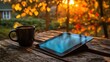 © 1989 - A coffee mug and tablet computer on a rustic wooden table outdoors.