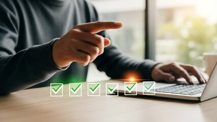 Poster - Man pointing at laptop with check marks overlayed on the screen in a bright office setting indoors