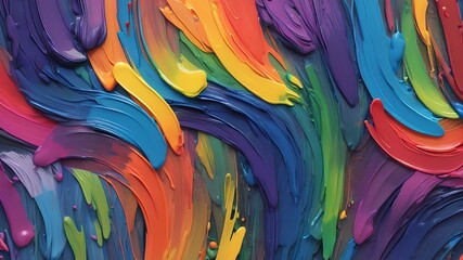 Poster - Close up view of an abstract painting featuring thick textured brushstrokes in vibrant colors