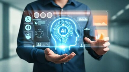 Poster - Man in blue shirt holding a glowing ai head with data panels in his hands in a modern setting