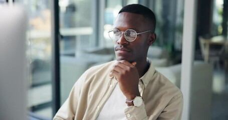 Aufkleber - Black man, glasses and thinking at computer for business, email networking or reading article in office. Creative writer, SEO or research with tech for news information, latest trends or proofreading