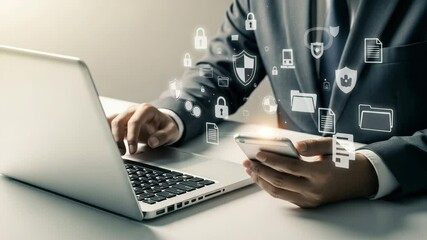 Poster - Man in suit using laptop and smartphone with security and data protection icons overlaid on the image