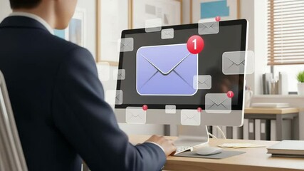 Poster - Man in suit at desk with computer showing email notifications and new message alert on screen
