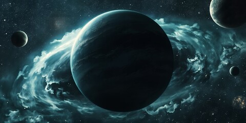 Poster - A view of planets and a nebula in deep space with stars and cosmic clouds in the background