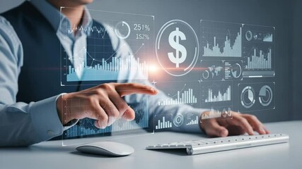 Aufkleber - Man interacting with digital financial interface using keyboard and mouse on a white desk top